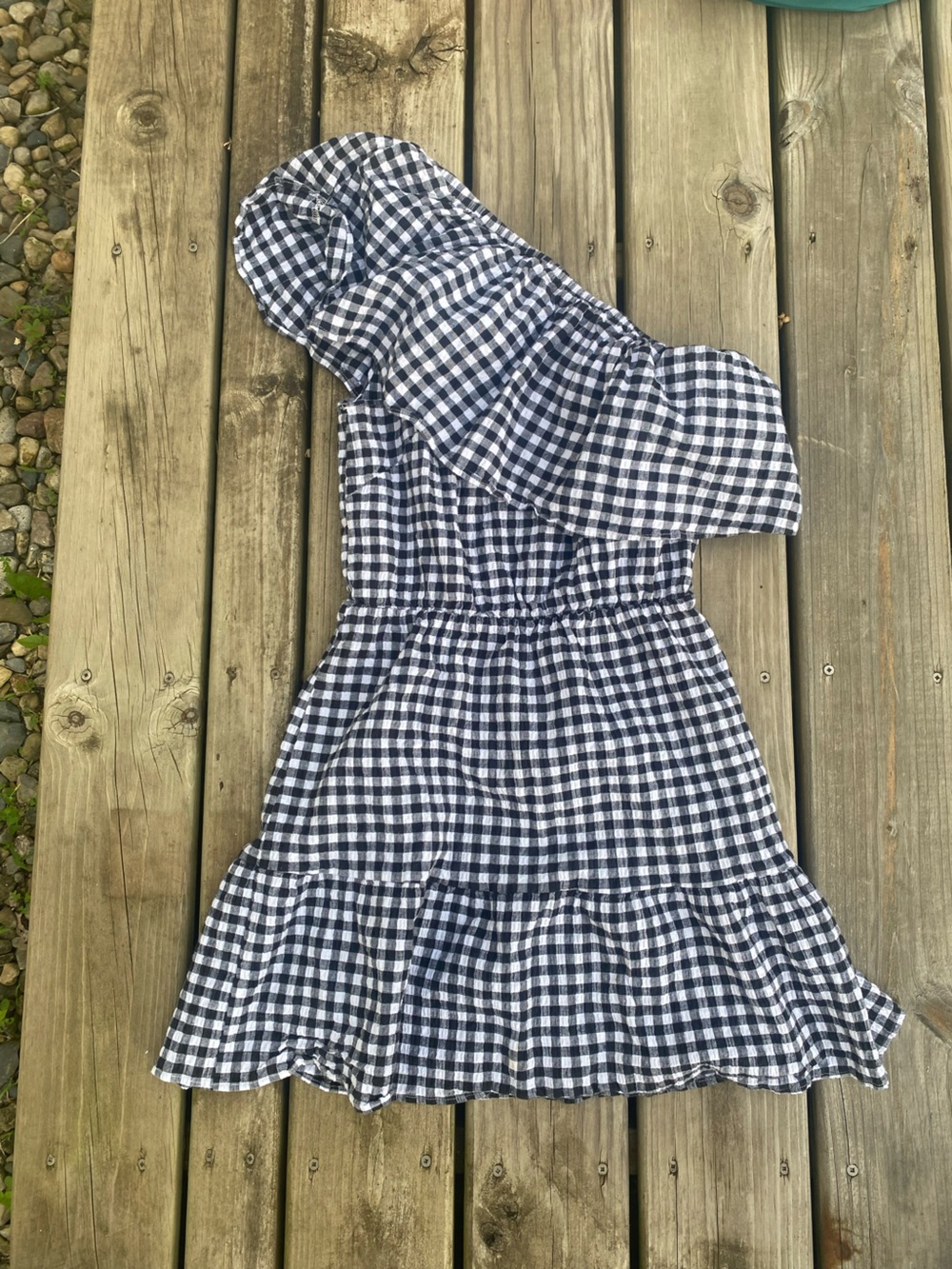 Promesa Navy and White One-Shoulder Gingham Dress